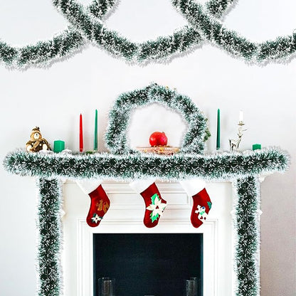 50 Feet Green Christmas Tinsel Garland for Christmas Tree Decorations, Xmas Metallic Twist Shiny Hanging Garland Decor for Mantle Stairs Fireplace Home Holiday Indoor Outdoor