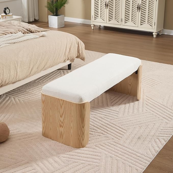 DUOMAY Modern Chenille Bedroom Bench, 49" Wide Long Entryway Bench with Solid Wood Legs Upholstered Dining Bench Ottoman for Living Room Indoor, White