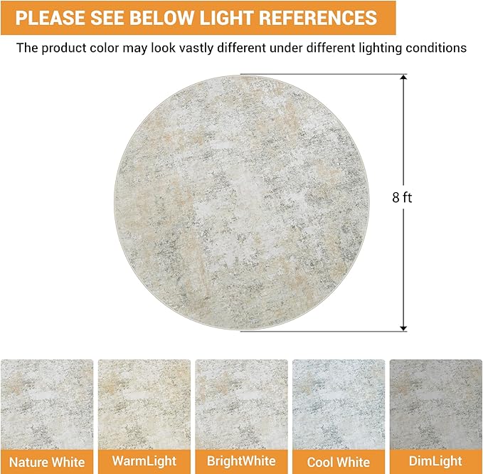 Round Rug 8ft Circle Rug Washable: Carpet Circular Area Rug for Entryway Kitchen Bedroom Dining Room Living Room Large 8 Feet Abstract College Dorm Non Slip Low Pile Beige Grey