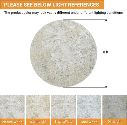 Round Rug 8ft Circle Rug Washable: Carpet Circular Area Rug for Entryway Kitchen Bedroom Dining Room Living Room Large 8 Feet Abstract College Dorm Non Slip Low Pile Beige Grey