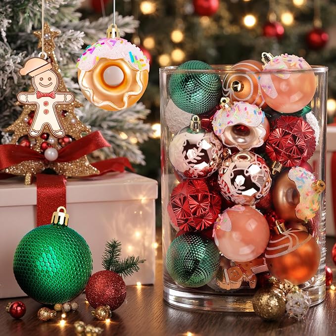 42 Pcs Christmas Ornaments, Various Styles of Christmas Ball Ornaments, Shatterproof Christmas Balls for Holiday Xmas Tree Decor, Hanging Ornament for Indoor Decoration (Red, Green, & Gold)