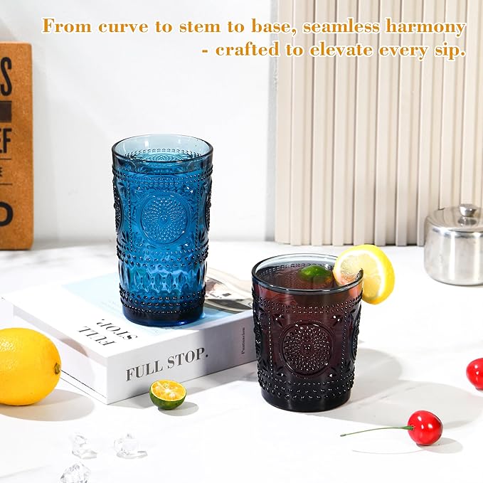 Blue Drinking Glasses Set of 12, 16 Oz Highball & 13 Oz Cocktail Glasses, Blue Kitchen Vintage Glassware Set, Floral Embossed Glass Tumbler Cups for Juice, Beer, Water, Whiskey, Coffee