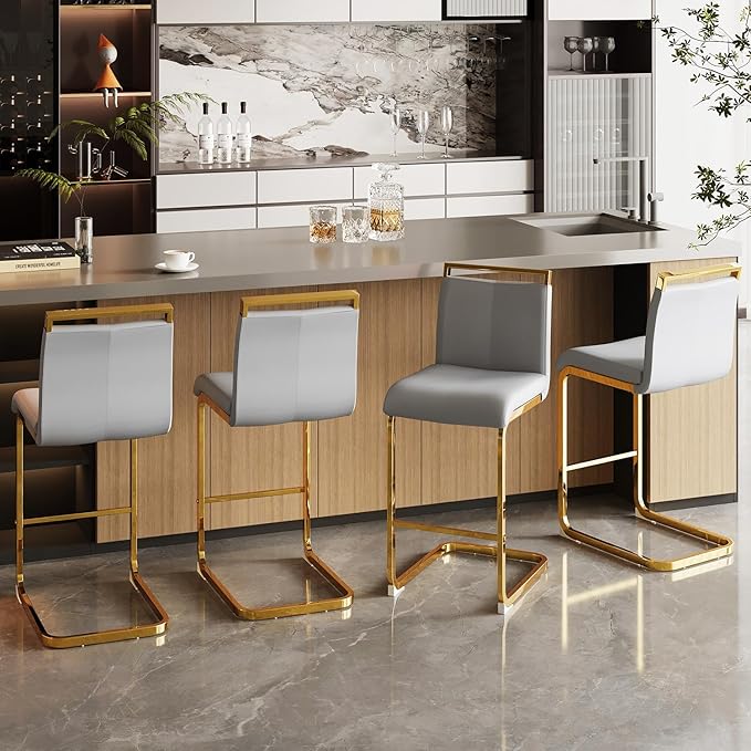 Counter Height Bar Stools Set of 6,Bar Stools with Back,25" Light Grey Island Chairs with Gold Chrome Plated Metal Leg,Faux Leather Barstools for Pub Kitchen Counter Dining Chair