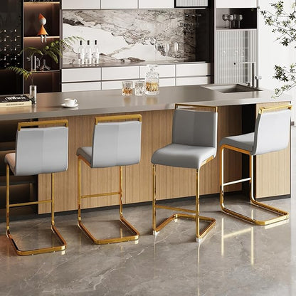 Counter Height Bar Stools Set of 6,Bar Stools with Back,25" Light Grey Island Chairs with Gold Chrome Plated Metal Leg,Faux Leather Barstools for Pub Kitchen Counter Dining Chair
