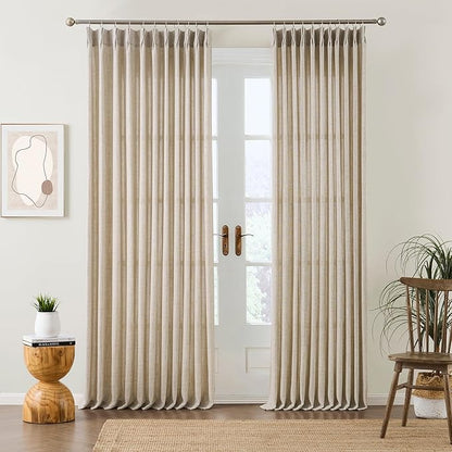 Beige Sheer Pinch Pleated Curtains 100 Inches Long 2 Panels,Back Tab Pleated Drapes Hooks Thick Linen Textured Boho Farmhouse Curtain for Dining Bedroom 70 Inch Wide Each Panel