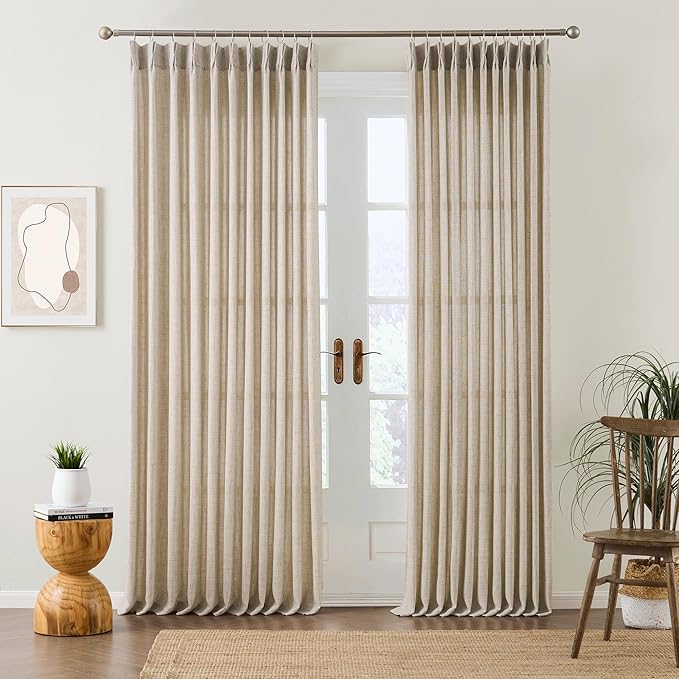Beige Sheer Pinch Pleated Curtains 102 Inches Long 2 Panels,Back Tab Pleated Drapes Hooks Thick Linen Textured Boho Farmhouse Curtain for Dining Bedroom 70 Inch Wide Each Panel