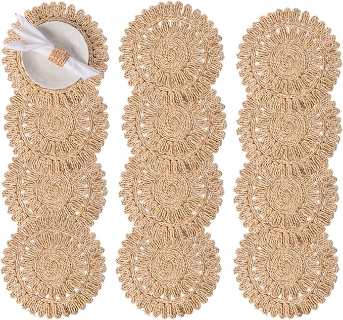 13.8" Set of 12 Round Corn Husk Placemats | Boho Wovean Rattan Table Mats | Farmhouse Wicker Spring Plate Chargers Like Water Hyacinth, Seagrass Table Mats