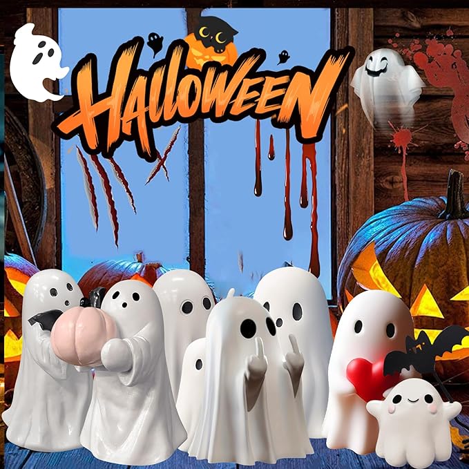 Halloween Ghost with Bat Balloon Figurine - Ghost Figurine Ghost Decor, Cute Ghost Statue Ghost for Halloween Decoration Humorous Desktop Art Piece
