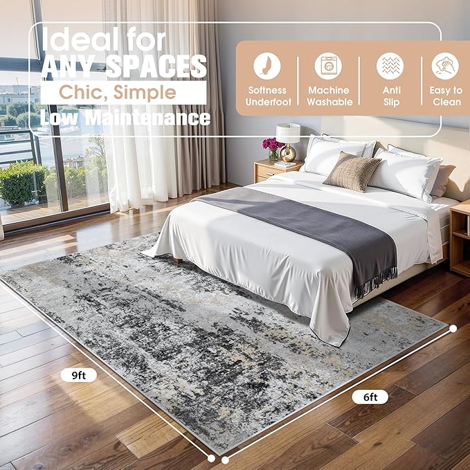 6x9 Area Rugs for Living Room Rug Washable: Abstract Rug for Dining Room Bedroom Carpet Non Slip 6 by 9 Indoor Modern Nursery Home Office Black Grey Gold