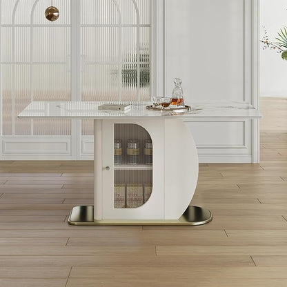 Montary 63" Modern Dining Table for 4-6 People, Kitchen Table with Storage Shelf & Acrylic Door Cabinet, Sintered Stone Tabletop with Golden Solid Wood Base, Perfect for Apartments and Home Use