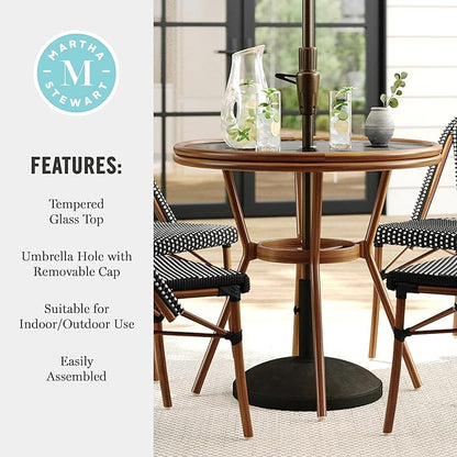 Martha Stewart Lily Pond 31” Round Indoor-Outdoor Bistro Dining Table with Aluminum Frame in Natural Woodgrain and Rattan Top in Black/White with Tempered Glass Top
