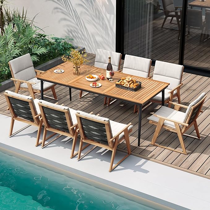 Tangkula Outdoor Dining Table for 8, 79 Inch Acacia Wood Patio Table with 1.9” Umbrella Hole, Metal Frame & Anti Slip Foot Pads, Indoor Bistro Table for Poolside, Garden & Deck
