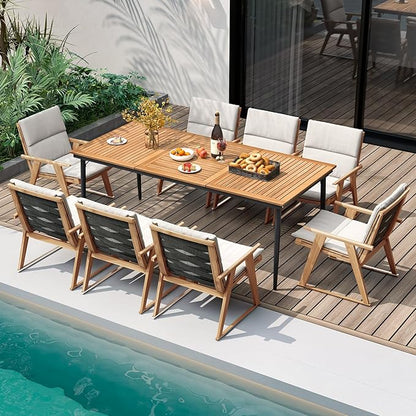 Tangkula Outdoor Dining Table for 8, 79 Inch Acacia Wood Patio Table with 1.9” Umbrella Hole, Metal Frame & Anti Slip Foot Pads, Indoor Bistro Table for Poolside, Garden & Deck