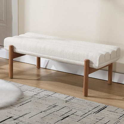 47" Modern Upholstered End of Bed Bench, Beige Chenille Channel Tufted Entryway Bench with Wood Legs, Comfy Bedroom Bench Long Ottoman for Living Room Hallway Vanity Room