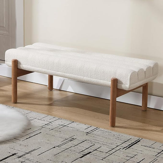47" Modern Upholstered End of Bed Bench, Beige Chenille Channel Tufted Entryway Bench with Wood Legs, Comfy Bedroom Bench Long Ottoman for Living Room Hallway Vanity Room