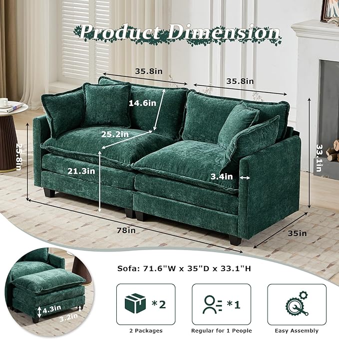SoarFlash 71.6" Chenille Sectional Sofa, Comfy Modular Loveseat Sofa, Modern 2-Seat Couch Deep Seat Sofa Set for Living Room,Green