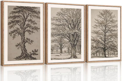 HOURIA Vintage Tree Sketch Framed Canvas Wall Art Set,Natural Brown and Gray Woodland Wall Decor,Mid Century Nature Forest Artwork,Textured Botanical Art Print for Living Room,Bedroom,Office-24"x36"x3