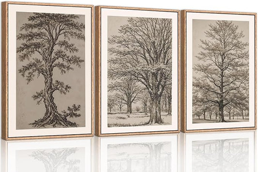 HOURIA Vintage Tree Sketch Framed Canvas Wall Art Set,Natural Brown and Gray Woodland Wall Decor,Mid Century Nature Forest Artwork,Textured Botanical Art Print for Living Room,Bedroom,Office-24"x36"x3