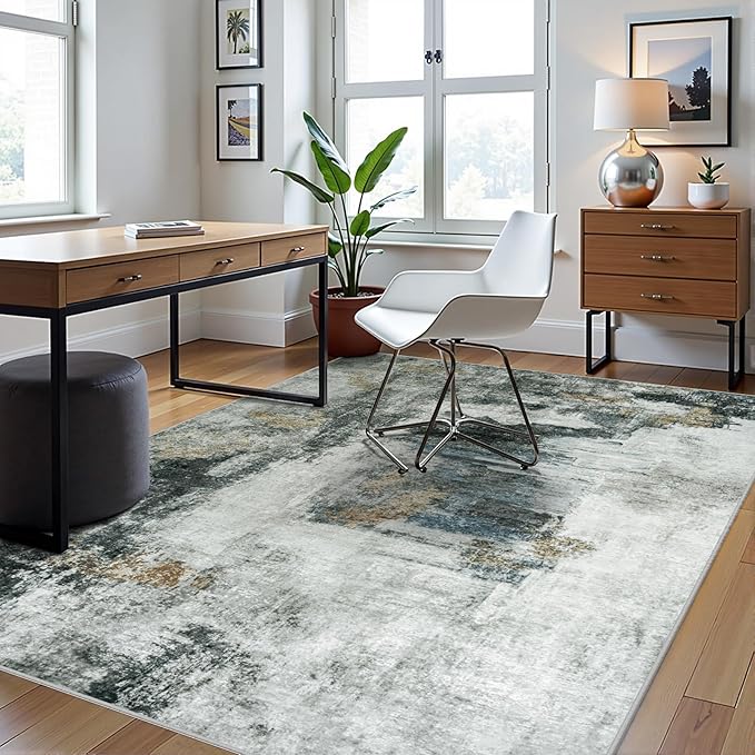 6x9 Area Rugs for Living Room Rug Washable: Abstract Rug for Dining Room Bedroom Carpet Non Slip 6 by 9 Indoor Modern Nursery Home Office Black Gold