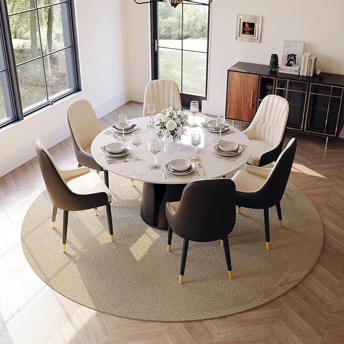 POVISON Round Dining Table for 4, Modern Dining Table 51'', Glossy White Sintered Stone Dining Tabletop with Solid Black Carbon Steel Base, Circle Kitchen Table for Dining Room (Table Only)