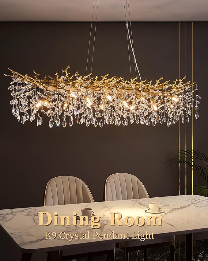 Modern Tree Branch Chandelier, 16 Lights Rectangular 59" Crystal Gold Chandeliers for Kitchen Island Dining Room Living Room