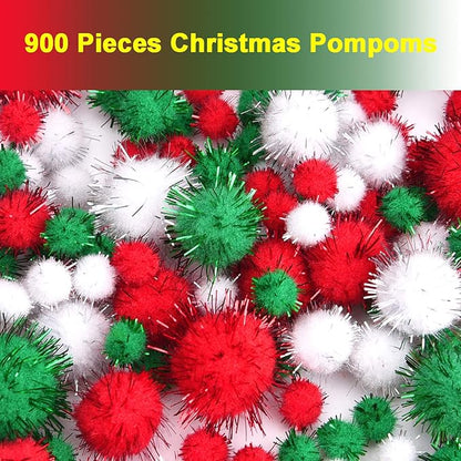 Livder Christmas Pom Poms Pompoms Red Green White Glitter Fluffy Balls, DIY Art Crafts Decorations Supplies (4 Sizes, 900 Pieces) (Pack of 2)