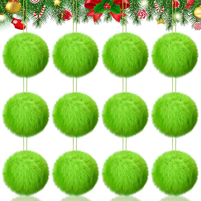 Gejoy 12 Pcs Lime Green Furry Christmas Ball Ornaments for Xmas Tree Green Christmas Hanging Decorations Soft Faux Fur Pom Pom Ball Ornaments for Home Party Supplies Fireplace Mantel Wall Decor