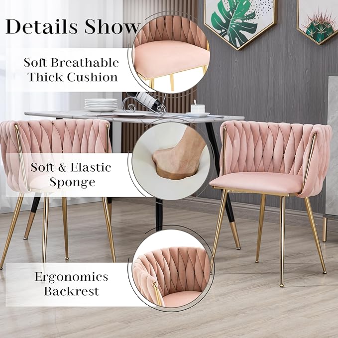 5 Pieces Modern Round Glass Dining Table Set, 47'' Clear Circle Glass Top Kitchen Set, 4 Person Luxury Minimalist Circular Dinner Set with Pink Woven Chairs, for Large Apartment Home (Gold)