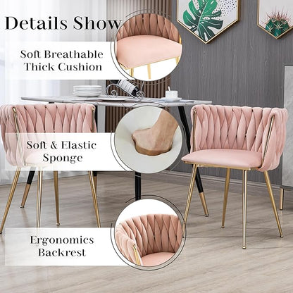 5 Pieces Modern Round Glass Dining Table Set, 47'' Clear Circle Glass Top Kitchen Set, 4 Person Luxury Minimalist Circular Dinner Set with Pink Woven Chairs, for Large Apartment Home (Gold)