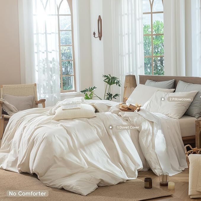 MooMee Striped Duvet Cover Set 100% Washed Cotton Linen Like Textured Breathable Durable Soft Comfy (Almond Milk Grey Pinstripes, Alaska King 132"x120")