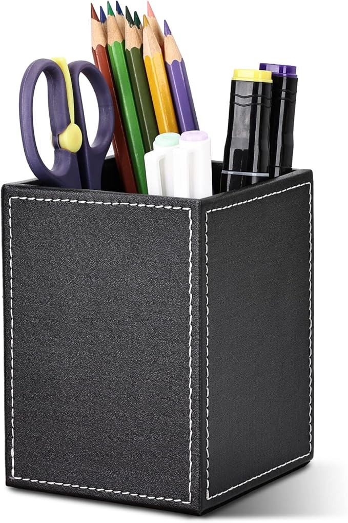 KINGFOM 3PCS/SET Desk Organizers and Accessories, Pu Leather Office Supplies Organization Set with Tissue Holder, Pencil Holder and Business Name Cards Stand Black