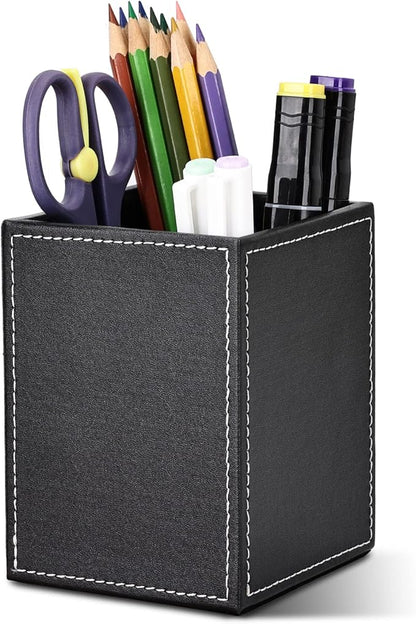 KINGFOM 3PCS/SET Desk Organizers and Accessories, Pu Leather Office Supplies Organization Set with Tissue Holder, Pencil Holder and Business Name Cards Stand Black