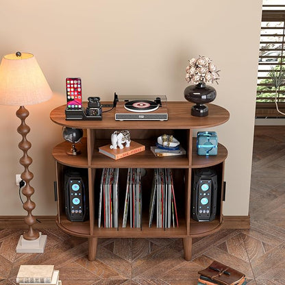 Large Round Record Player Stand with Charging Station & USB Ports，Record Storage Cabinet, Mid Century Modern Turntable Stand Console for Bedroom Living Room (Small Brown)