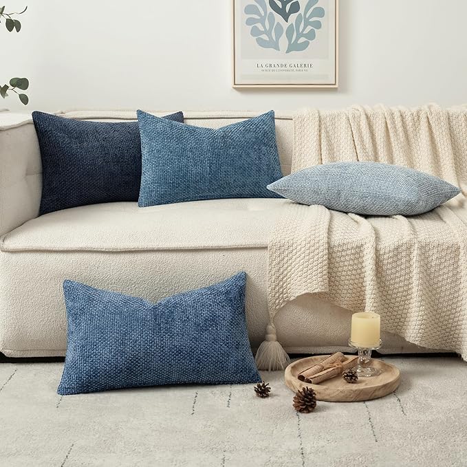 MIULEE Pack of 4 Throw Pillow Covers 12x20 Inch Neutral Blue Soft Decorative Chenille Pillow Covers Farmhouse Accent Cushion Covers for Boho Western Home Coastal Decor Bedroom Living Room