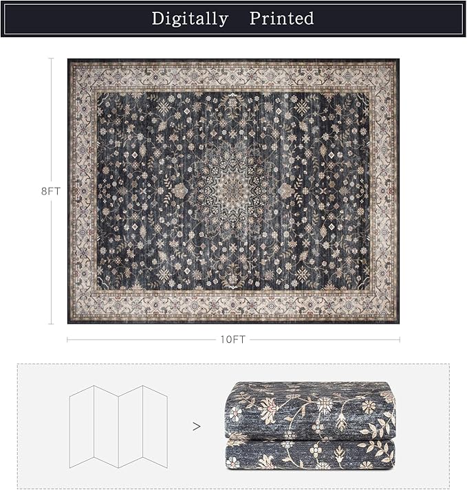 Washable Rugs 8x10 Area Rugs for Living Room,Rugs for Bedroom,Large Carpets,Ultra Soft Faux Wool Retro Dining Room Rug,Non Slip&Non-Shedding Low Pile Vintage Print Rug for Home Office-Black