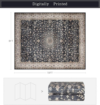 Washable Rugs 8x10 Area Rugs for Living Room,Rugs for Bedroom,Large Carpets,Ultra Soft Faux Wool Retro Dining Room Rug,Non Slip&Non-Shedding Low Pile Vintage Print Rug for Home Office-Black