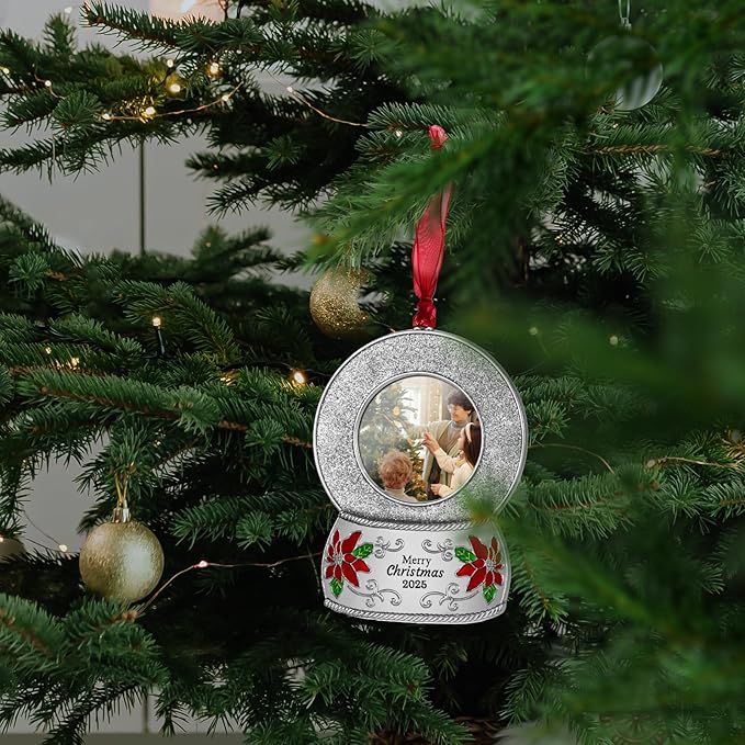 2025 Christmas Ornaments 2 inch Picture Frame Metal Hanging Pendant for Tree Small Decorative Keepsake, Display Photo for Baby and Pet (Crystal Ball Silver(2025))