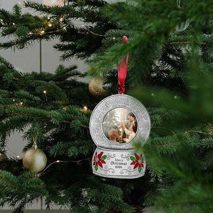 2025 Christmas Ornaments 2 inch Picture Frame Metal Hanging Pendant for Tree Small Decorative Keepsake, Display Photo for Baby and Pet (Crystal Ball Silver(2025))