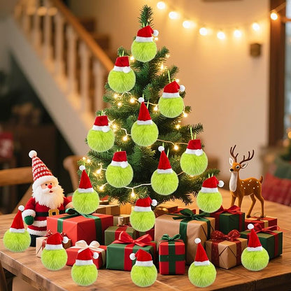12 Pcs Lime Green Furry Christmas Balls Ornaments, 2.36 Inch Pom Pom Ball with Christmas Hat Hanging Decoration for Tree Green Christmas Home School Office Hanging Decor