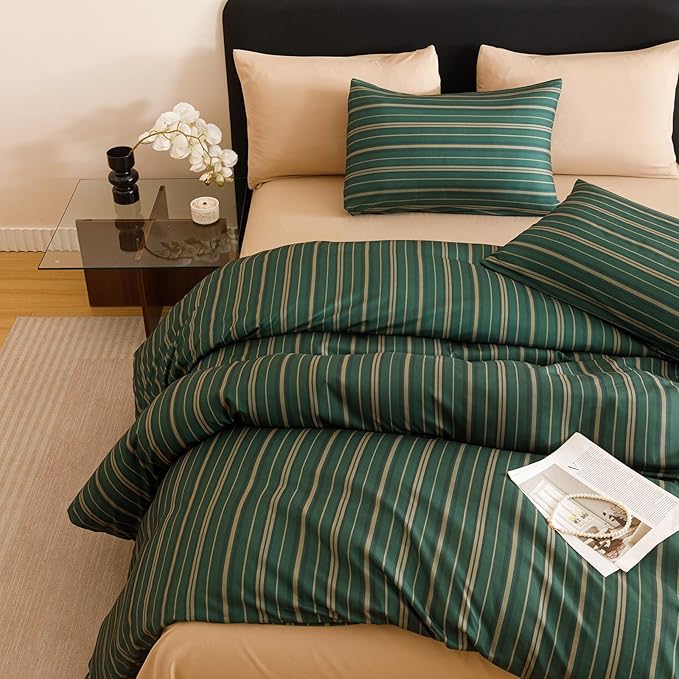 CLOTHKNOW Green Stripes Queen Comforter Set Farmhouse Bedding Comforter Sets Ticking Comforter Queen Hunter Green Comforter Soft Boho