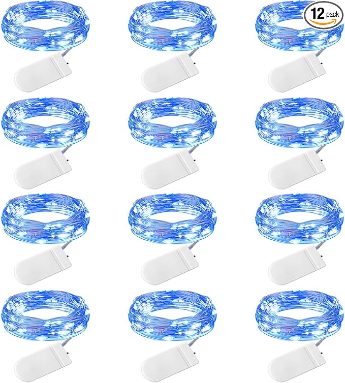 Brightown 12 Pack Led Fairy Lights Battery Operated String Lights Waterproof Silver Wire 7 Feet 20 Led Firefly Starry Moon Lights for DIY Wedding Party Bedroom Patio Christmas (12 Pack, Blue)