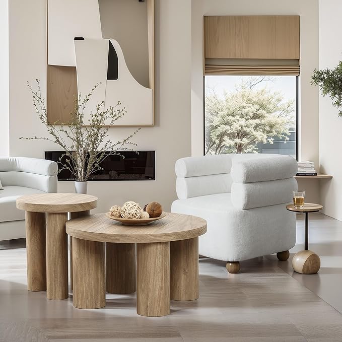 LuxenHome Round Coffee Table with 4 Pillar Legs, 27.5'' Wide Accent Center Table, Modern Farmhouse Oak Finish Wooden Low Cocktail Tea End Table with Sturdy Base for Living Room Home Office