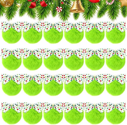 Norme 24-Pack Lime Green Furry Christmas Balls with Bow, 4" Soft Faux Fur Plush Pom Pom Ball Ornaments for Christmas Tree Hanging Decorations Party Fireplace Mantel Wall Decor(White Polka Dots)