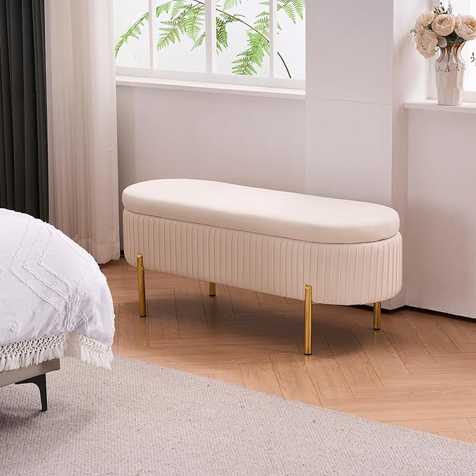 Velvet Storage Bench for Bedroom Upholstered End of Bed Bench Modern Ottoman with Gold Legs for Living Room/Window/Entryway (Ivory White, Oval-45.5" W)