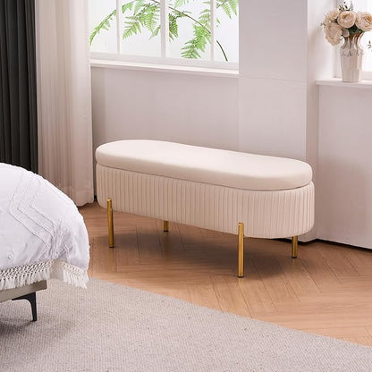 Velvet Storage Bench for Bedroom Upholstered End of Bed Bench Modern Ottoman with Gold Legs for Living Room/Window/Entryway (Ivory White, Oval-45.5" W)