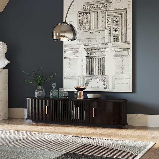 POVISON Fully-Assembled Mid-Century Modern Tambour Door TV Stand, Wood TV Console, Entertainment Center with Storage for 70 inch TV, Media Console for Living Room