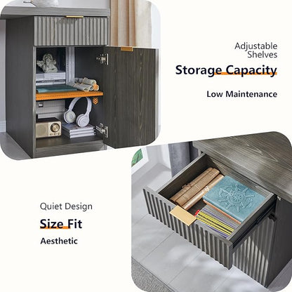 JXQTLINGMU 60" Modern Executive Desk with Storage, Wood Home Office Desk with Drawer & Cabinet, Fluted Computer Writing Desk for Study, Work, Living Room, Bedroom, Grayish Green