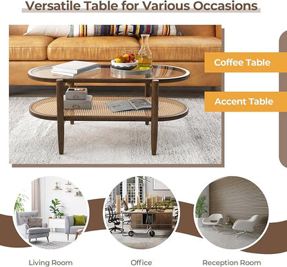 Moccha Boho Coffee Table, 2-Tier Center Table with Tempered Glass Tabletop & PE Rattan Storage Shelf, Mid Century Modern Tea Table with Wood Frame, 40" L Oval Accent Table for Living Room, Office