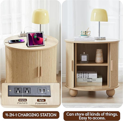 24" End Table with Charging Station, Farmhouse Round Fluted Wood Night Stand, Mid-Century Large Side Table with Storage & Sliding Door for Living Room, Bedroom (Round, Natural)