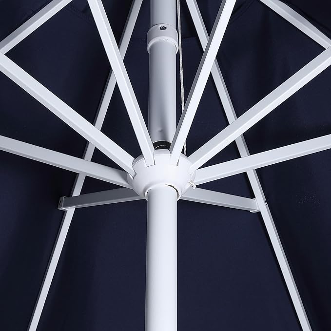 JONATHAN Y UMB1002G Tracy 9 ft. Classic MidCentury Scalloped Fringe Market Patio Umbrella with Auto-Tilt Crank, Wind Vent and UV Protection in Navy/White, White Pole